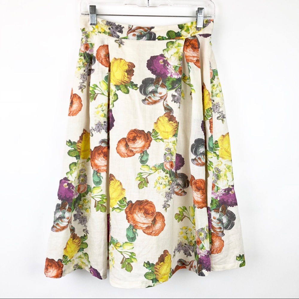 🎃Esley 100% Linen Floral Full Skirt Lined Pleats
